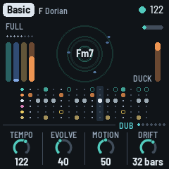 DUB-1's main screen: the stabs' ripples round the chord Fm7, the layers' meters, the lanes of the bar