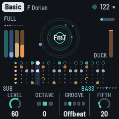 The Bass page: LEVEL 60, OCTAVE 0, GROOVE Offbeat, FIFTH 20