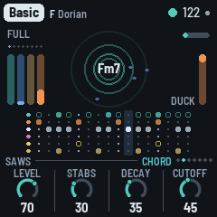 The Chord page: LEVEL 70, STABS 30, DECAY 35, CUTOFF 45