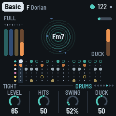The Drums page: LEVEL 65, HITS 50, SWING 52%, DUCK 50