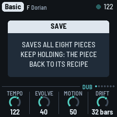 SAVE's card over the main screen: SAVES ALL EIGHT PIECES. KEEP HOLDING: THE PIECE BACK TO ITS RECIPE