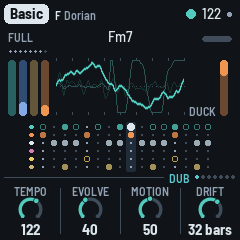 The scope: the output as a thick teal line over a dotted centre line, the two traces before it fading behind; Fm7 at the top