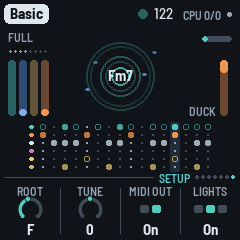 The Setup page: ROOT F, TUNE 0, MIDI OUT On, LIGHTS On