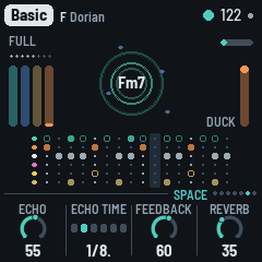 The Space page: ECHO 55, ECHO TIME 1/8., FEEDBACK 60, REVERB 35