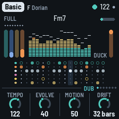 The spectrum: eighteen columns of teal and brass segments, a white cap over each; Fm7 at the top