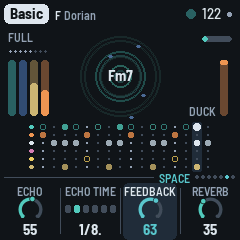 The Space page with FEEDBACK lit as it turns, set to 63; ECHO 55, ECHO TIME 1/8., REVERB 35